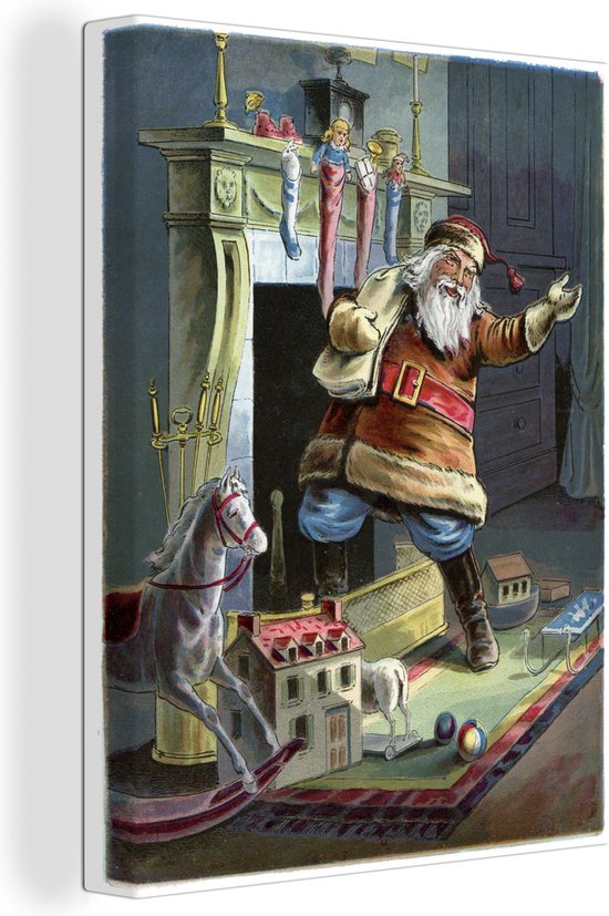 Vintage Père Noël à la cheminée sur toile 2cm 30x40 cm - petit - Tirage photo sur toile (Décoration murale salon / chambre)