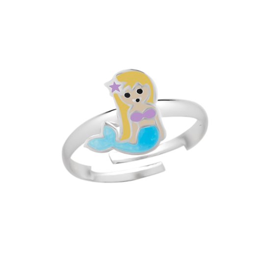 Ring meisje kind | Ring kinderen | Zilveren ring met zeemeermin, blauwe glitterstaart