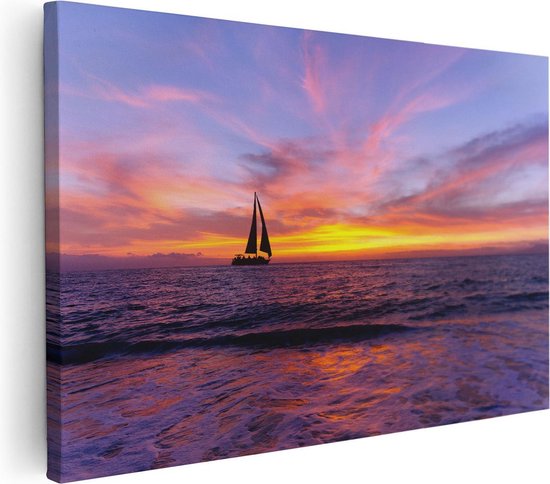 Artaza Canvas Schilderij Zeilboot Silhouet bij Zonsondergang - 120x80 - Groot - Foto Op Canvas - Wanddecoratie Woonkamer