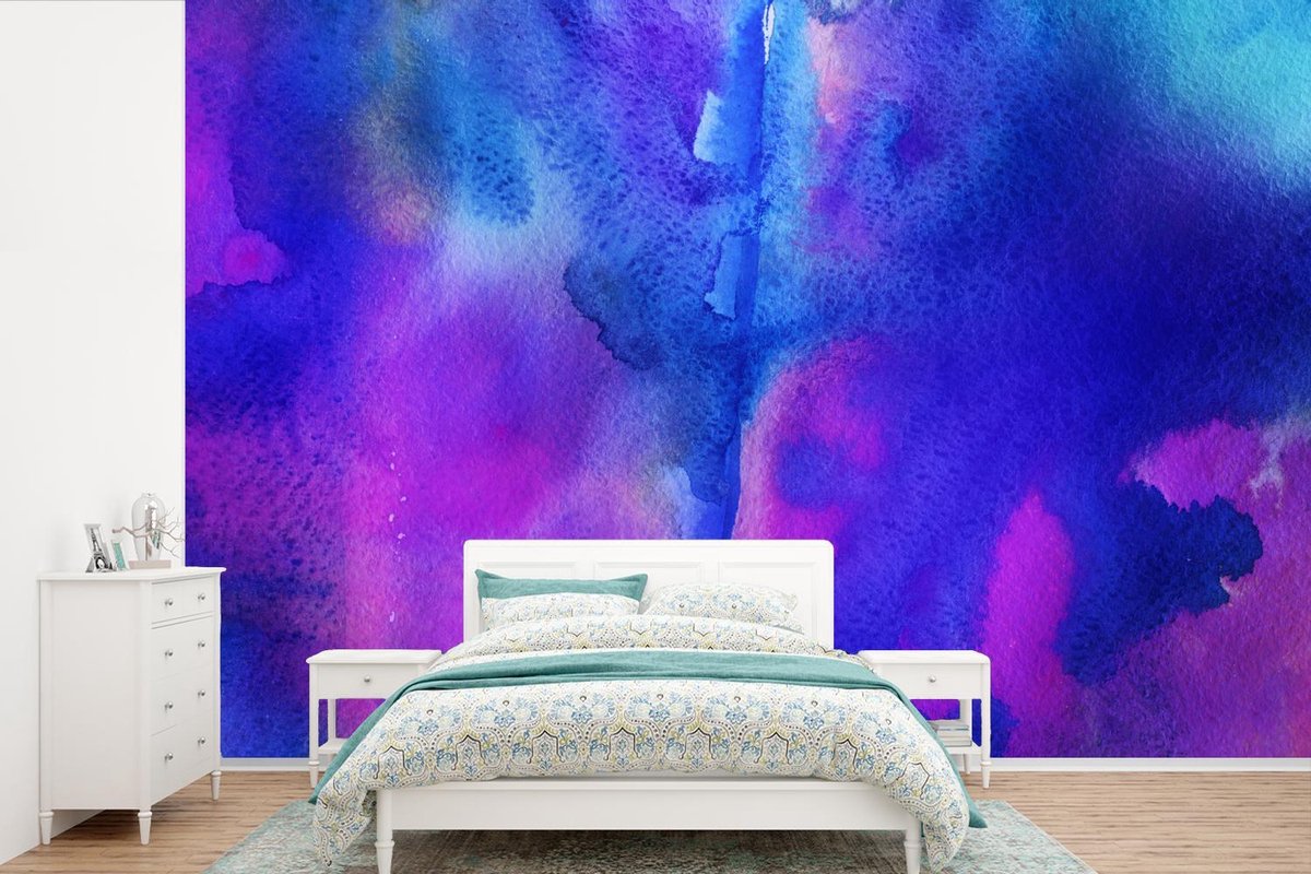 Behang - Fotobehang Waterverf - Blauw - Tint - Paars - Breedte 420 cm x hoogte 280 cm
