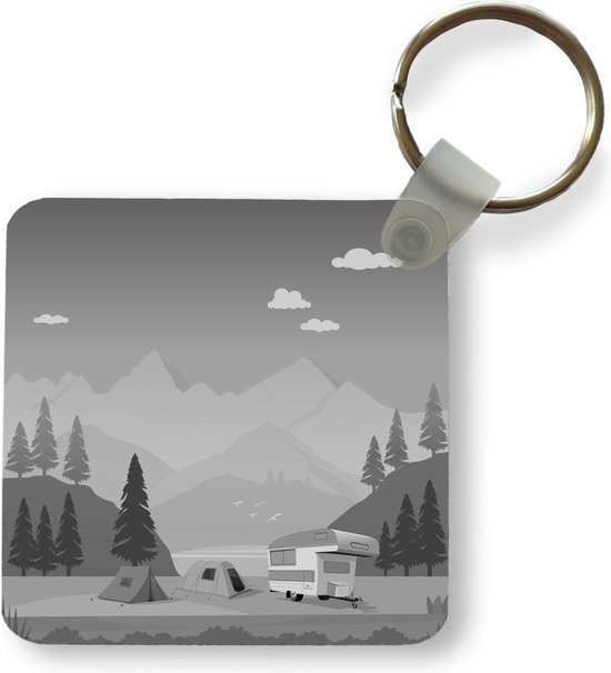 Sleutelhanger - Uitdeelcadeautjes - Illustratie van een camper tussen de bergen - zwart wit - Plastic