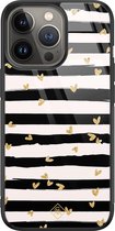 iPhone 13 Pro hoesje glass - Hart streepjes | Apple iPhone 13 Pro  case | Hardcase backcover zwart