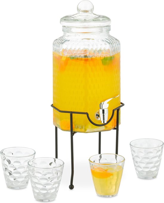 Relaxdays drankdispenser tapkraan - 4 liter - limonadetap glas - met standaard en glazen