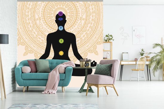 Papier peint photo peint vinyle - Sept chakras sur une silhouette méditante largeur 350 cm x hauteur 350 cm - Tirage photo sur papier peint (disponible en 7 tailles)