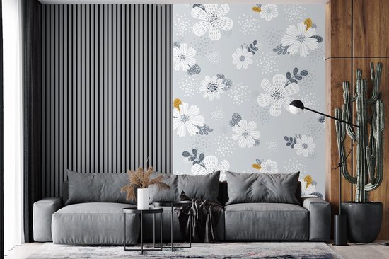Motif pour enfants avec des fleurs blanches avec des feuilles bleues et brunes 200x300 cm