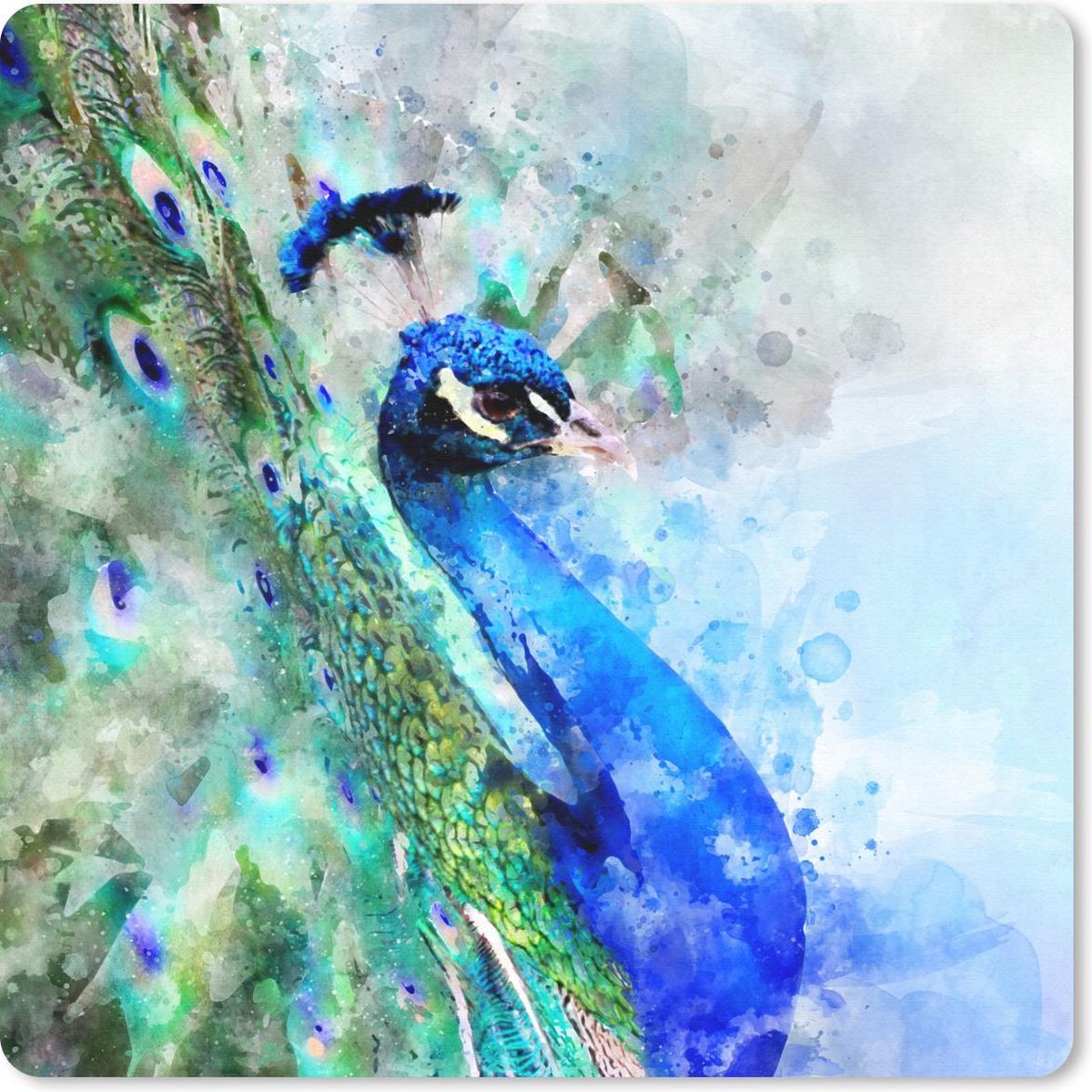 Muismat 30x30 cm - Mousepad Waterverf - Pauw - Blauw - Muismatten
