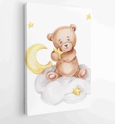 Canvas schilderij - Cute teddy bear sitting on the cloud with stars; watercolor hand drawn illustration; can be used for baby shower or postcard -  Productnummer 1892849920 - 80*60