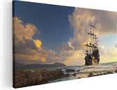 Artaza Canvas Schilderij Piratenschip aan de Kust bij Zonsondergang - 60x30 - Foto Op Canvas - Canvas Print