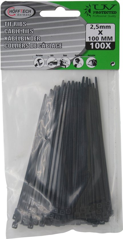 Een pak van 100 zwarte kabelbinders van 2.5 x 100 mm, van Hofftech.