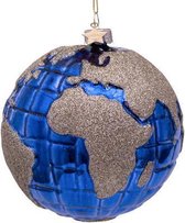 Glazen kerstbal blauwe wereldbol met glitter print H12cm