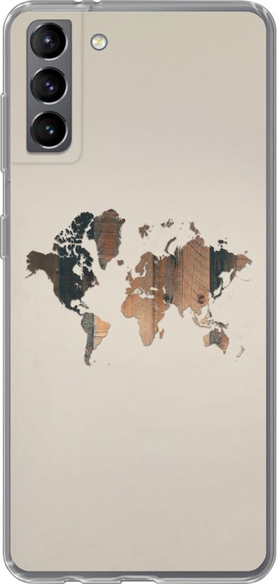 Telefoonhoesje Geschikt voor Samsung Galaxy S21 Plus hoesje - Wereldkaart -Hout - Plank - Siliconen Telefoonhoesje