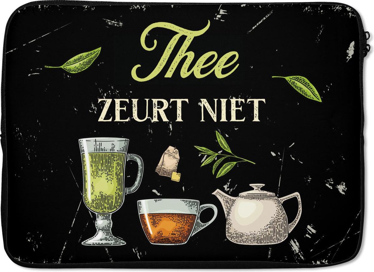 Laptophoes 14 inch - Thee - Theepot - Glazen - Laptop sleeve - Binnenmaat 33x23 cm - Zwarte achterkant - Cadeau voor vrouw