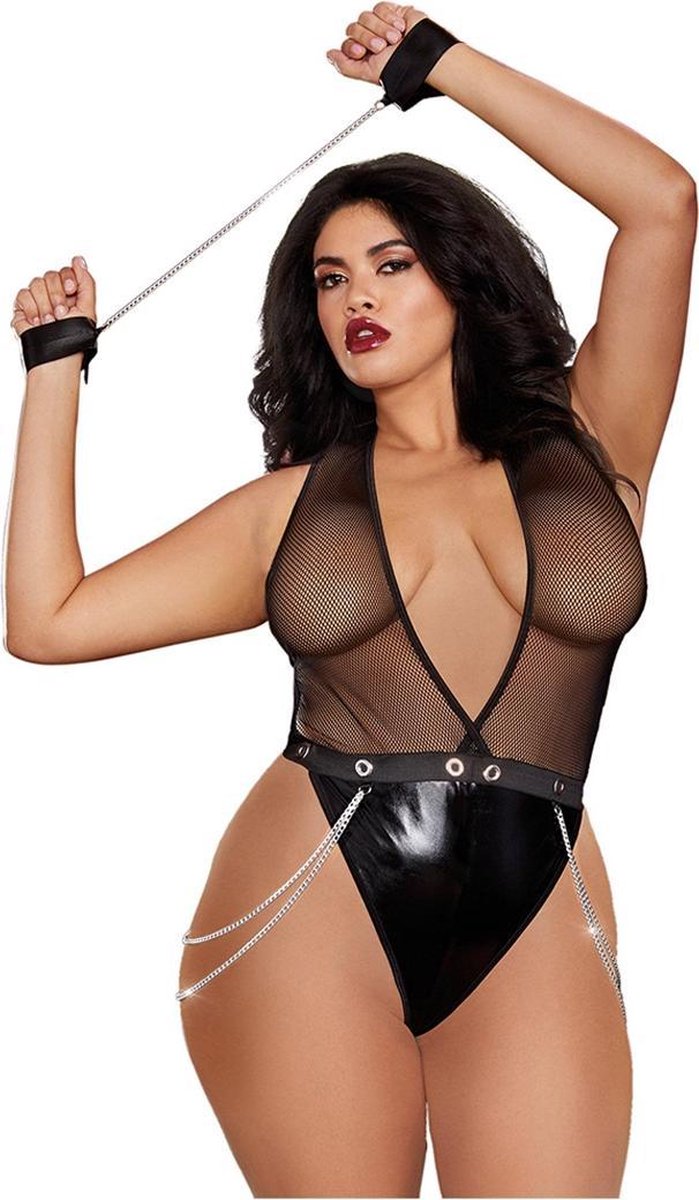 Faux-Leather Deep Plunge Halter Teddy