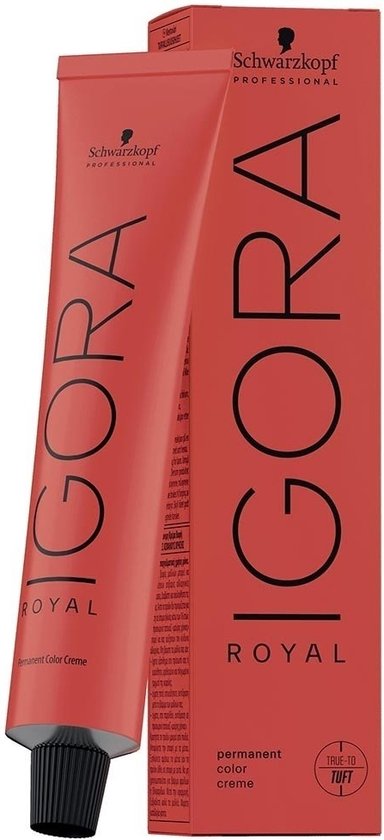 Schwarzkopf Professional IGORA ROYAL permanente haarkleur creme, rode verpakking met verticale IGORA ROYAL tekst.
