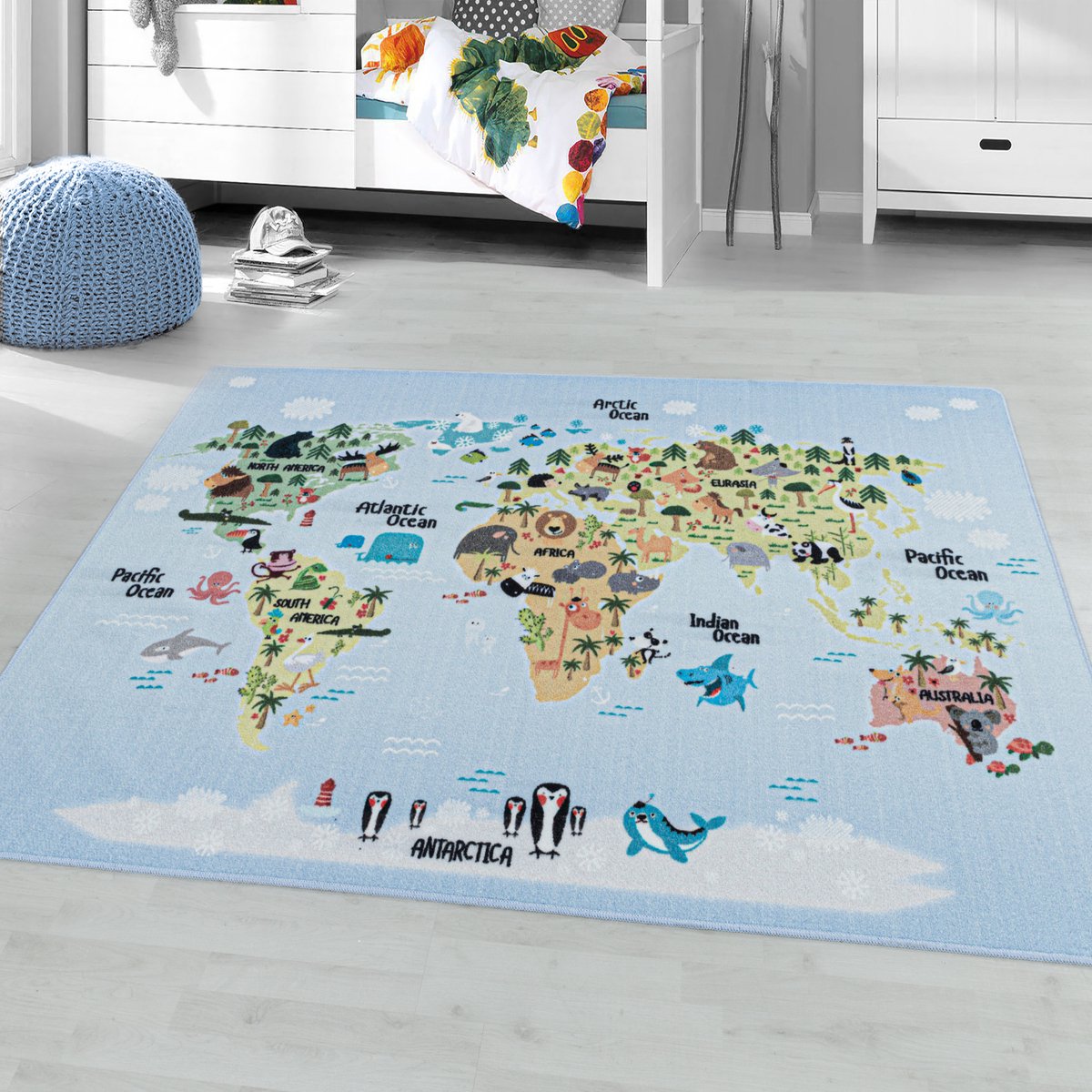 Muratap Play Vloerkleed Kinderkamer Wereldmap Laagpolig Blauw- 100x150 CM