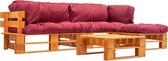 Decoways - 4-delige Loungeset pallet met rode kussens hout