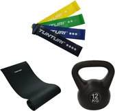 Tunturi - Fitness Set - Kettlebell 12  kg - Fitnessmat 160 x 60 x 0,7 cm - Weerstandsbanden 4 stuks
