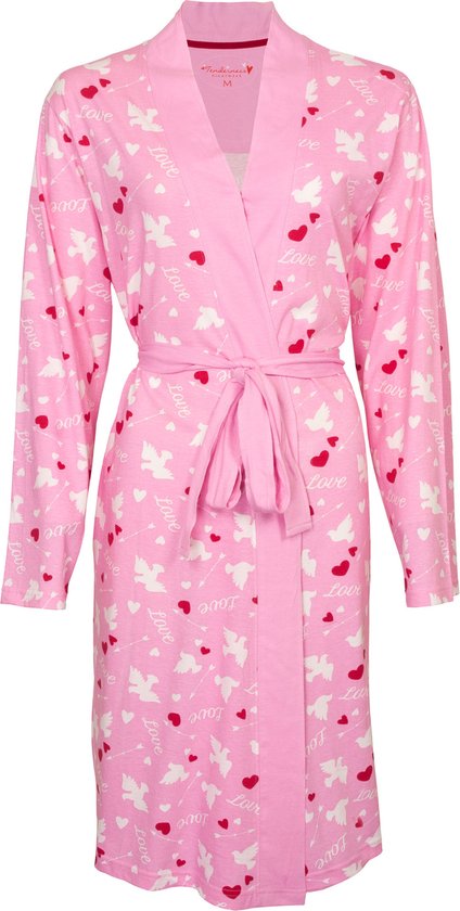 Tenderness Dames Badjas - 100% Katoen - Hartjes - Roze - Maat L