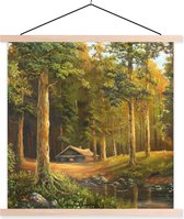 Posterhanger incl. Poster - Schoolplaat - Een illustratie van een huisje in een bos - 60x60 cm - Blanke latten