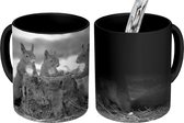 Magische Mok - Foto op Warmte Mok - Drie eekhoorns rond afgehakte boom - zwart wit - 350 ML