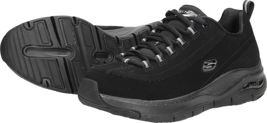 Zwarte Skechers Arch Fit damessneakers, zijaanzicht en zool.