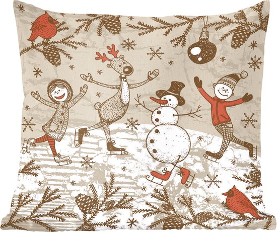 Sierkussens - Kussentjes Woonkamer - 45x45 cm - Illustratie - Kerst - Sneeuwpop - Kerstversiering - Kerstdecoratie voor binnen - Woonkamer