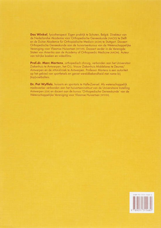 Dos d'un livre jaune avec du texte sur les auteurs Dos Winkel, Marc Martens et Pat Wyffels.