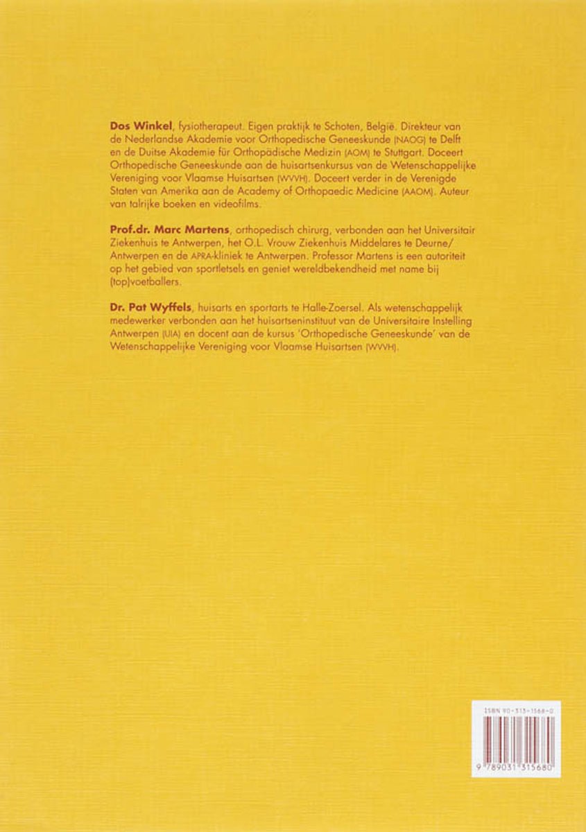 Dos d'un livre jaune avec du texte sur les auteurs Dos Winkel, Marc Martens et Pat Wyffels.
