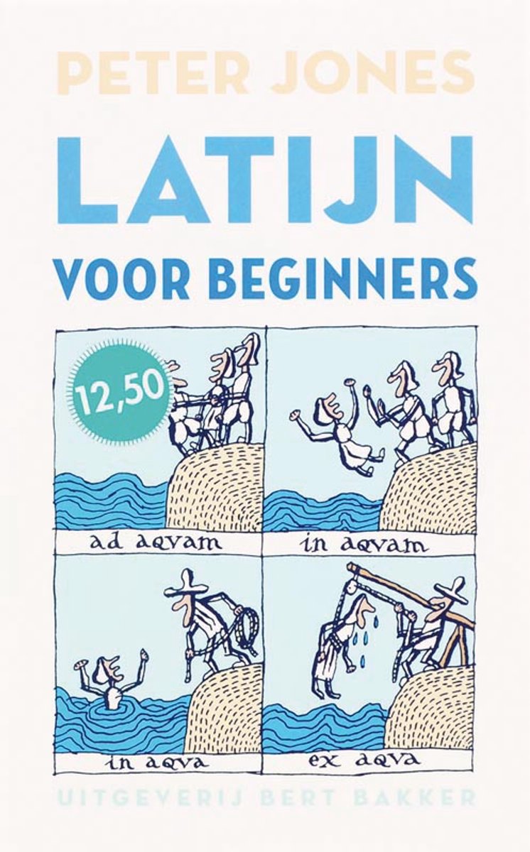 Boekomslag 'Latijn voor beginners' van Peter Jones. Vier tekeningen van mensen in en rond water.