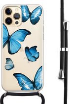 iPhone 12 hoesje met koord - Blauwe vlinders | Apple iPhone 12 crossbody case | Zwart, Transparant | Geen opdruk