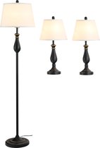 Driedelige set van 1 staande lamp en 2 tafellampen - Vloerlamp - Stalamp - tafellamp - Vintage - Klassiek - Zwart