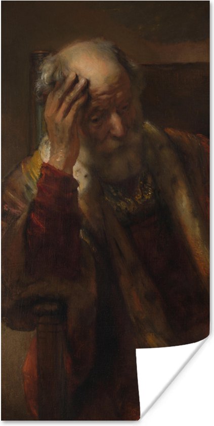 Poster Oude man in een leuningstoel - Schilderij van Rembrandt van Rijn - 20x40 cm