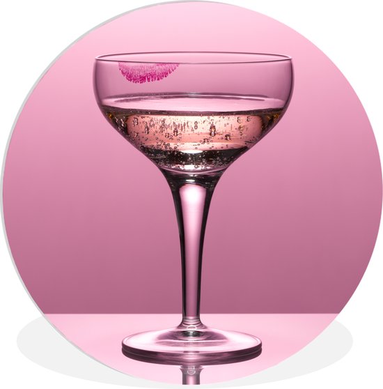 WallCircle - Wandcirkel ⌀ 30 - Close-up champagneglas met lippen afdruk - Ronde schilderijen woonkamer - Wandbord rond - Muurdecoratie cirkel - Kamer decoratie binnen - Wanddecoratie muurcirkel - Woonaccessoires