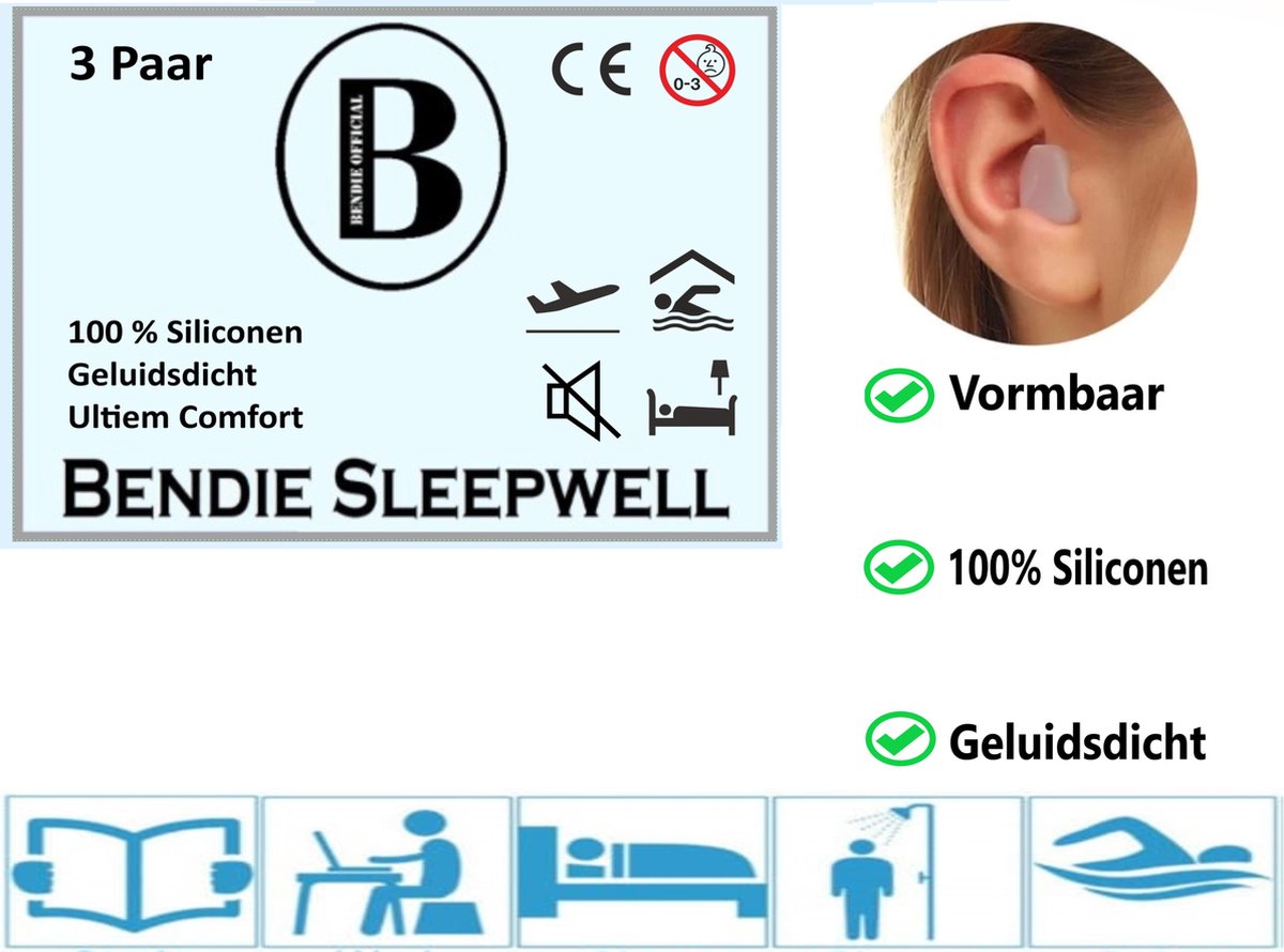 Bendie Premium Siliconen Vormbare Oordoppen - Slapen - Tegen Geluidsoverlast en Snurken - Gehoorbescherming - 6 Stuks - Bendie