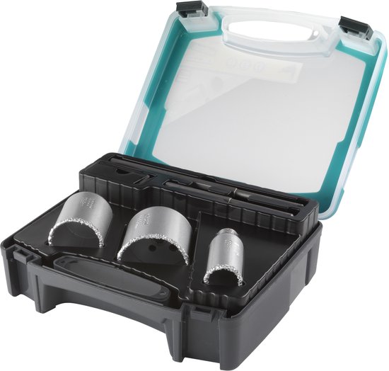 Wolfcraft gatenzaagset voor metselwerk, tegels en steen in een zwarte koffer met turquoise deksel, met drie zilverkleurige zagen.