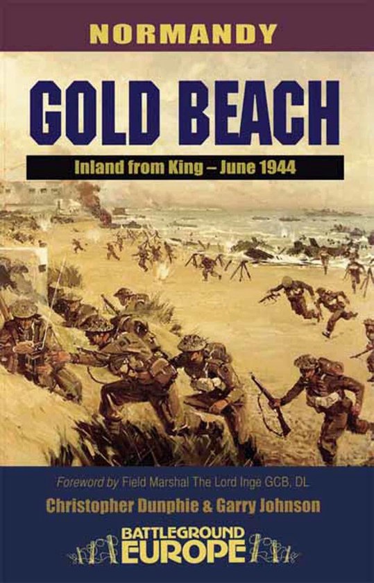 Boekcover van 'Normandy Gold Beach', met soldaten die op een strand landen, juni 1944.