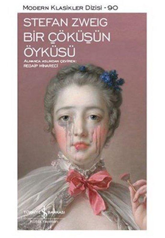 Boek 'Bir Çöküşün Öyküsü' met op de voorkant een schilderij van een huilende vrouw met make-up en een roze strik.