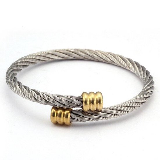 Kabel Armband van Gedraaid Staal met Goud kleurige Accenten - Armbanden Heren Dames - Cadeau voor Man - Mannen Cadeautjes