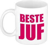 Beste juf cadeau koffiemok / theebeker roze blokletters 300 ml
