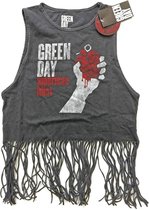 Green Day Mouwloze crop top met franjes -S- American Idiot Vintage Grijs