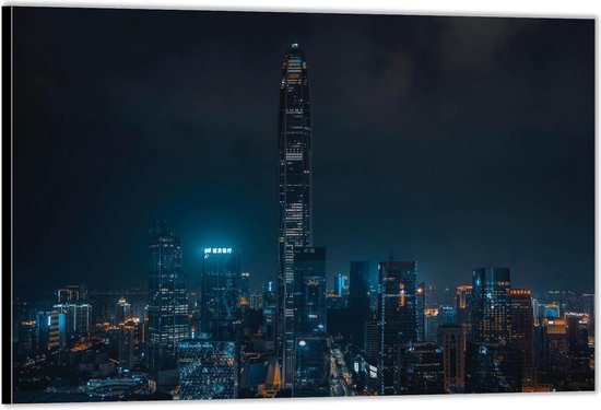 Dibond –Skyline in de Nacht– 60x40 Foto op Aluminium (Wanddecoratie van metaal)