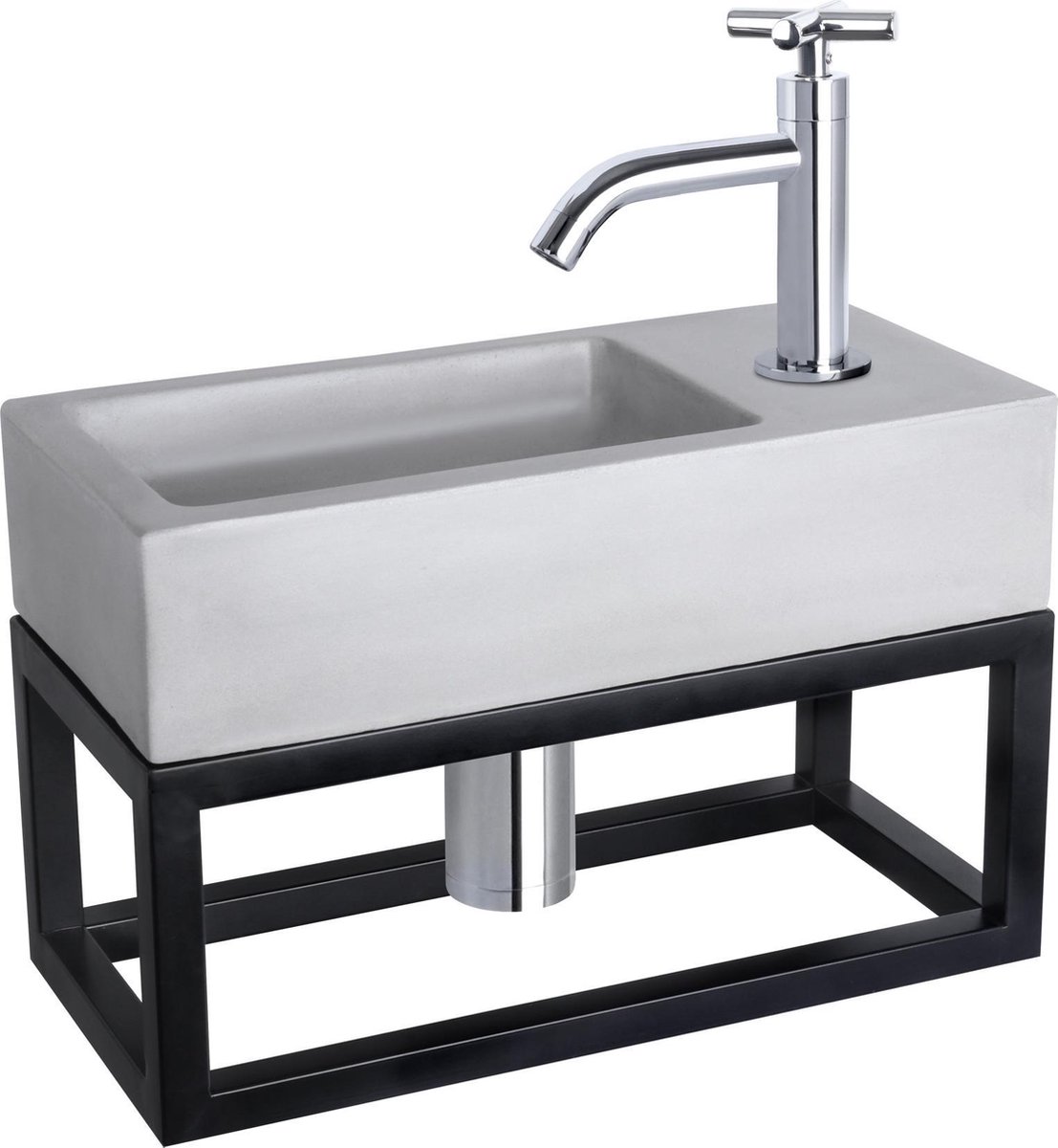 Differnz Ravo Fonteinset 38.5x18.5x25cm 1 kraangat gebogen kruisgreep chrome kraan met sifon en afvoerplug fontein Rechthoek Beton Licht grijs