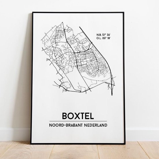 Boxtel city poster, A3 (30x40 cm) met lijst, plattegrond poster, woonplaatsposter, woonposter