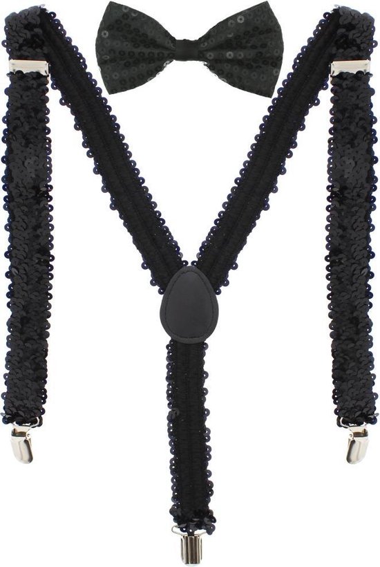 Zac's Alter Ego Bretels Sequin Bow Tie & Suspenders Set Zwart