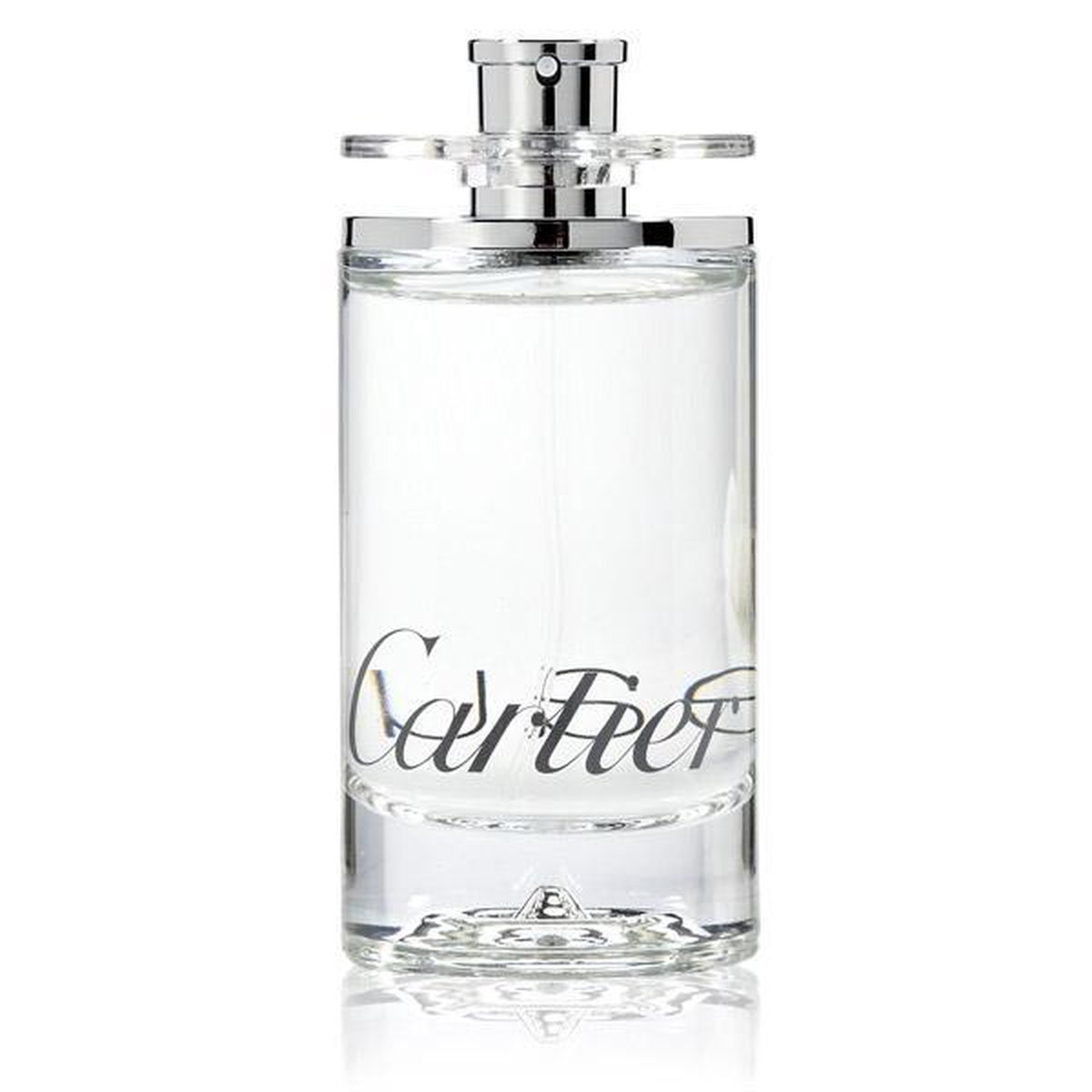 Transparante parfumfles met "Cartier" in sierlijk, grijze letters.