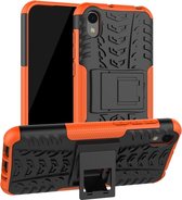 Schokbestendige pc + TPU-bandenpatroonbehuizing voor Huawei Honor 8s, met houder (oranje)