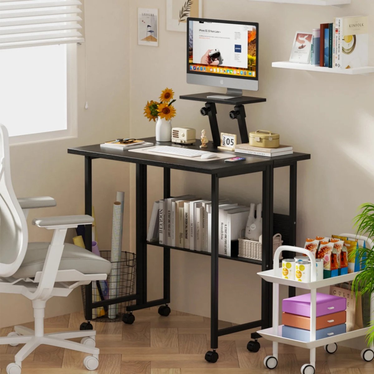Dailygoods Klein draagbaar opklapbaar bureau met wielen, 58×80×75cm opklapbaar bureau met opbergruimte, computerbureaus