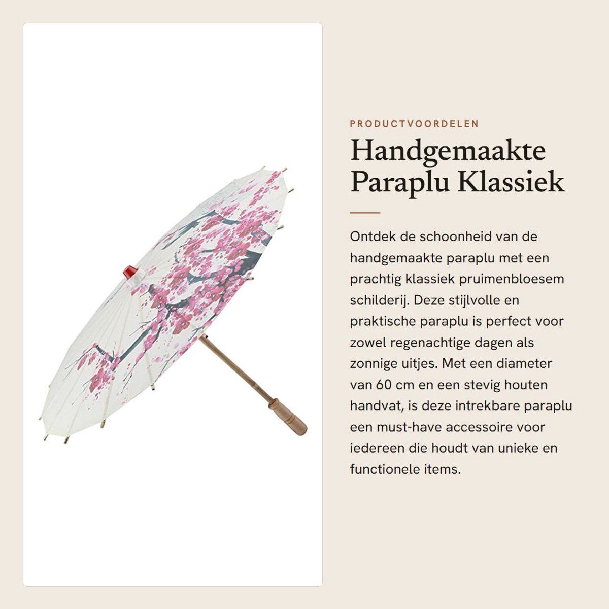 Dailygoods- Paraplu Handgemaakt - Oliepapier Pruimenbloesem - Intrekbaar - Houten Handvat - 60cm Diameter - Regenbestendig - Parasol