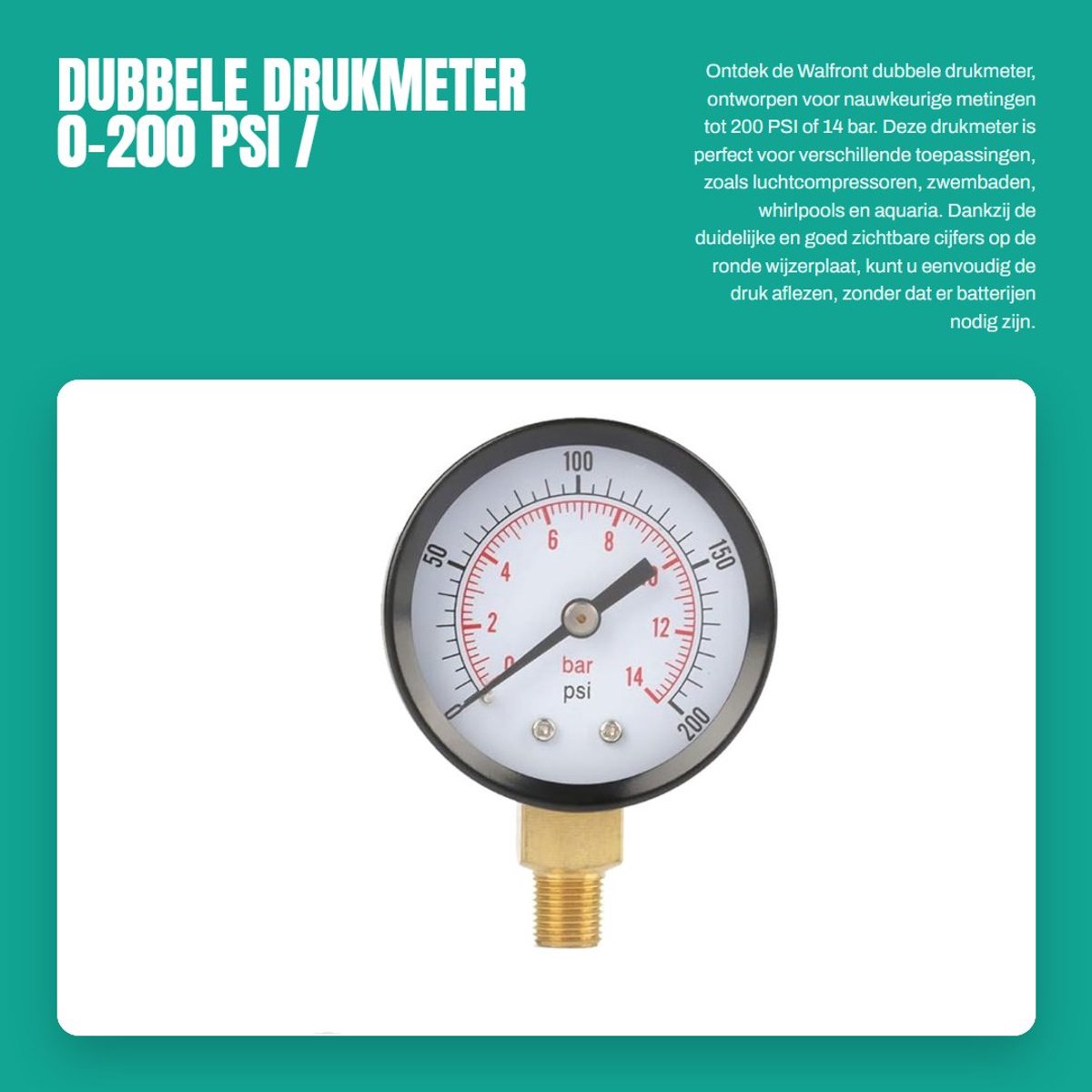 Dailygoods - Dubbele Drukmeter 0-200 PSI / 0-14 Bar, Ideaal voor Lucht, Gas en Water