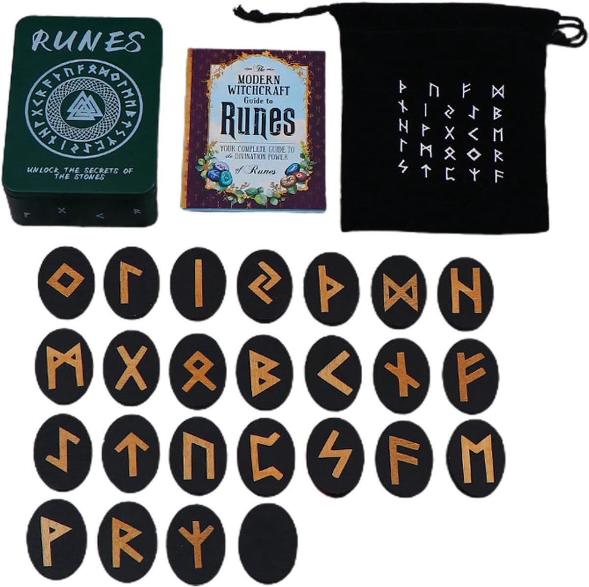 Heksen Runen Set - Oude Runen Waarzeggerij - Spirituele Oefening - Handgesneden Houten Runen - 25 stuks - Zwart